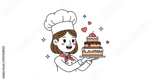 Cute baker girl holding cake vector illustration delicious dessert making process celebration