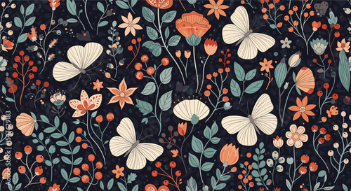 Vector illustration of a dark floral pattern with butterflies and delicate leaves ornament