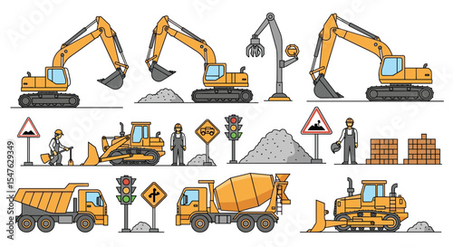 Vector illustration of yellow heavy construction vehicles with workers and safety signs collection