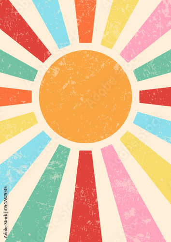 Retro illustration of the sun with rays in the style of the 70s vintage poster with texture