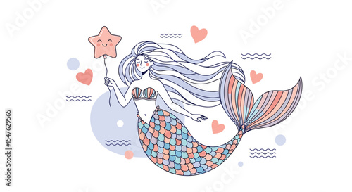 Elegant mermaid with starfish wand aquatic enchantment vector art for creative projects