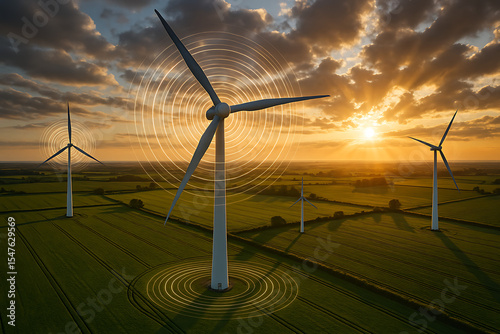 Wind Turbines on Green Hills with Airflow Holograph – Renewable Energy Generation in Eco-Friendly Landscape Under Blue Sky

