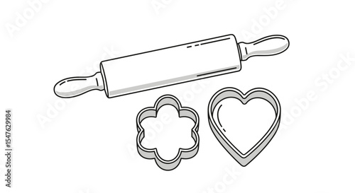 Cookie baking outline vector illustration with rolling pin and cookie cutters designs