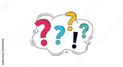 Vector illustration of colorful question and exclamation marks floating in a cloud
