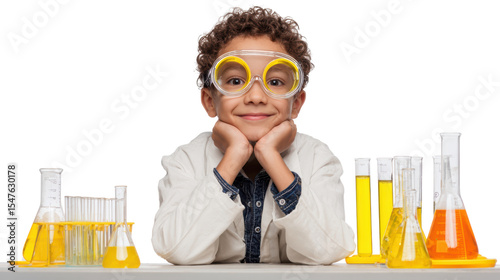 Curious child scientist exploring experiments with colorful liquids in laboratory setting.