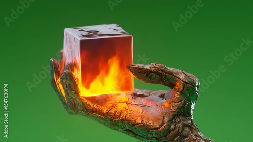 Glowing Cube Held by Hand, Abstract Futuristic Energy Digital Art.
