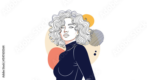 Curly haired woman portrait with geometric shapes a vector illustration of beauty