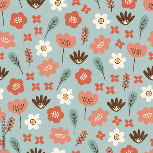 Jungle seamless pattern with flowers and tropical leaves on turquoise background. Perfect for wallpaper, gift paper, summer greeting cards. Vector hand drawn child illustration