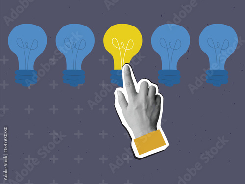 Black and white hand turns on a lightbulb. Modern collage style. Vector illustration