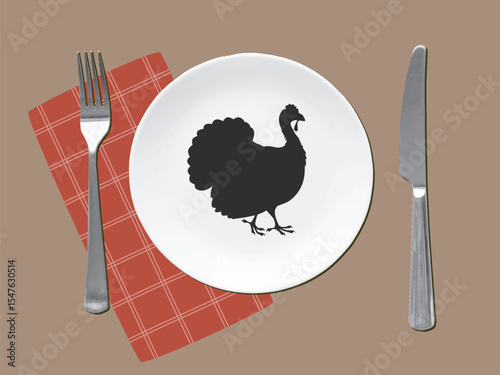 Served table - white plate with a turkey black silhouette, fork knife and napkin, top view. Modern collage style. Vector illustration
