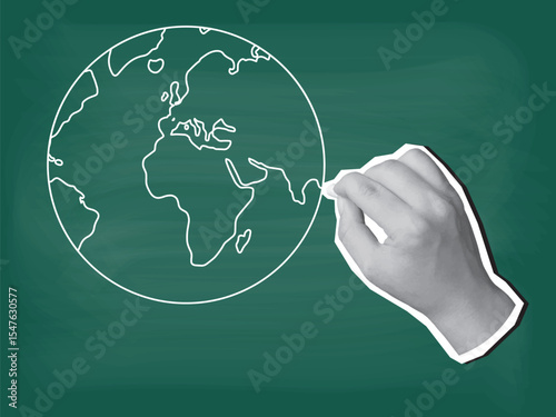 A hand writes a round Earth on a blackboard with chalk. Modern collage style. Vector illustration