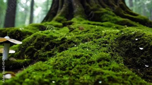 Green moss thrives on an old tree trunk in a vibrant forest landscape, surrounded by ferns and the signs of summer
