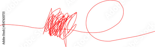 Abstract red scribble line with a loop on a plain white background, representing creativity, confusion, and free-flowing ideas, ideal for design and art.