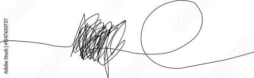 Abstract black scribble line with a loop on a plain white background, representing creativity, confusion, and free-flowing ideas, ideal for design and art.
