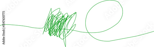 Abstract green scribble line with a loop on a plain white background, representing creativity, confusion, and free-flowing ideas, ideal for design and art.