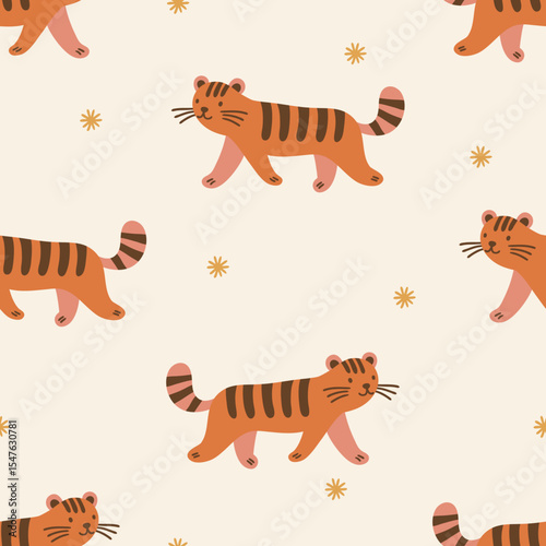Jungle seamless pattern with tigers and stars on white background. Perfect for wallpaper, gift paper, summer greeting cards. Vector hand drawn child illustration