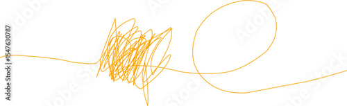 Abstract yellow scribble line with a loop on a plain white background, representing creativity, confusion, and free-flowing ideas, ideal for design and art.
