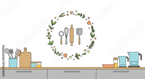Vector illustration of utensils rolling pin spatula and spoon wreath in a kitchen