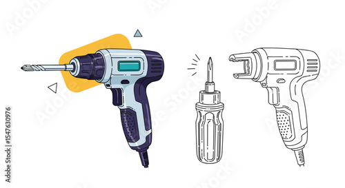 Vector illustration of cordless drill and screwdriver elements for carpentry and construction