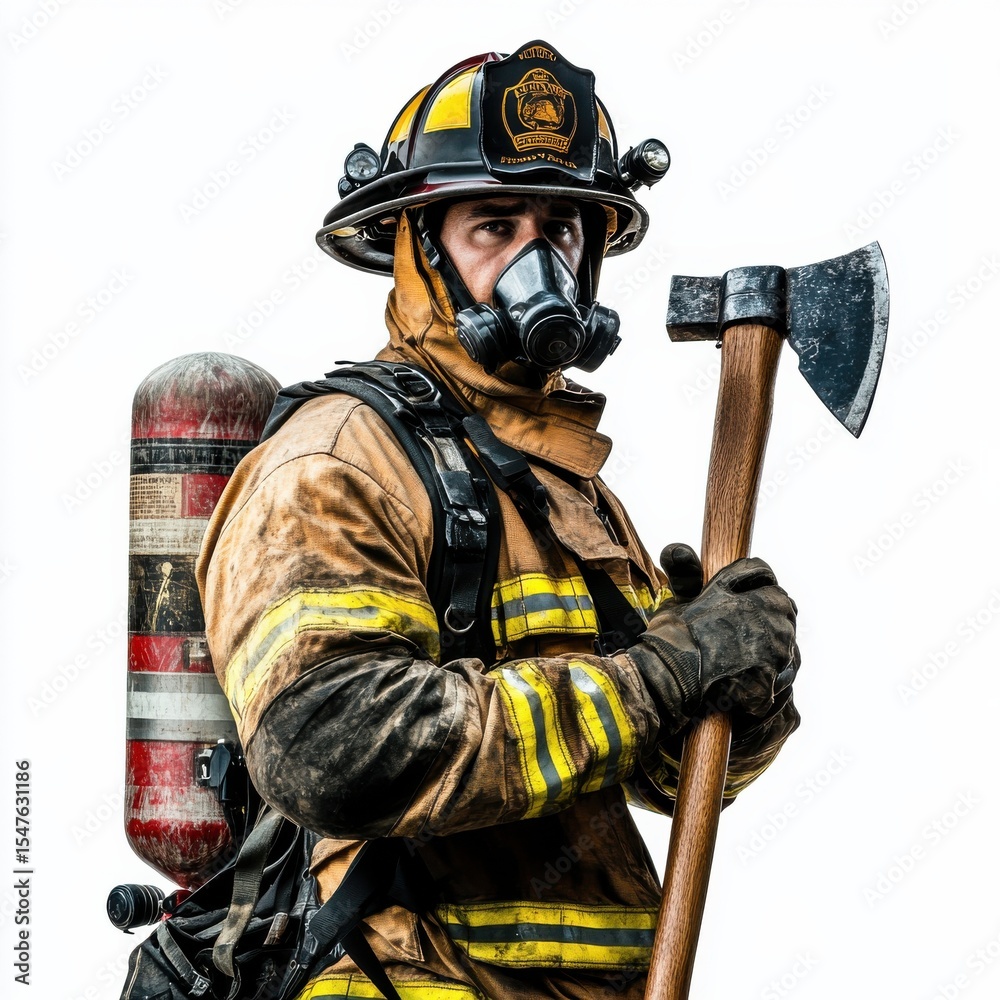 Naklejka premium Firefighter in Full Protective Gear with Helmet Holding Axe