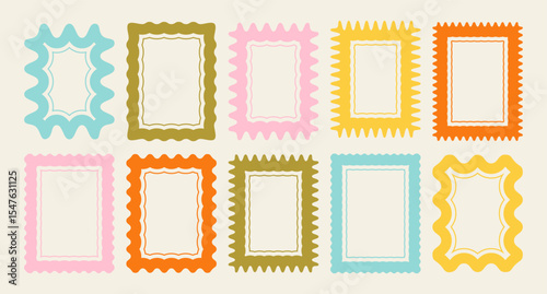 Corrugated wavy frame border frames. Vector wave edge kid color bg. Fun cute retro text boxes. Wiggly squiggly curvy wavy scalloped edge cute stamps. Groovy 60s zigzag stamp text frame collection
