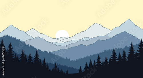 Vector illustration with mountainous landscape featuring evergreen forest and sunrise in pastel hues