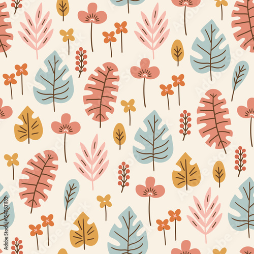 Jungle seamless pattern with tropical leaves and flowers on white background. Perfect for wallpaper, gift paper, summer greeting cards. Vector hand drawn child illustration