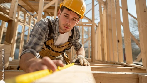 Focused construction worker in a hard hat using a measuring tape on a wooden beam at a building site, ensuring precise alignment during framing.