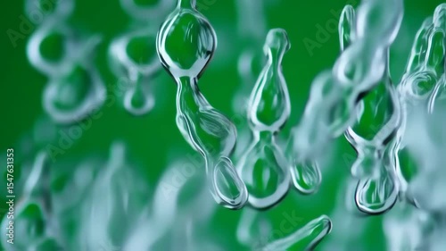 Dynamic Water Droplets, Abstract Green Background Macro Close-Up.