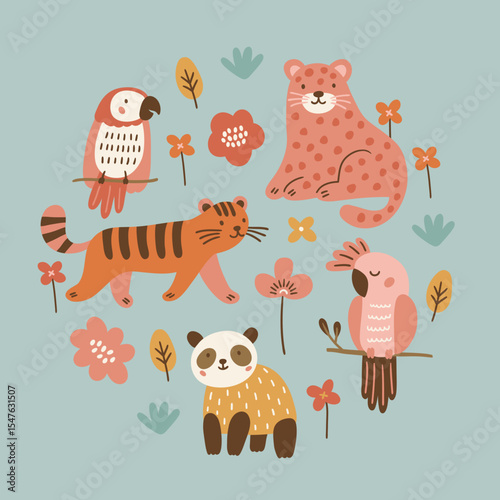 Jungle greeting card with parrot, leopard, tiger, panda, leaves and flowers on turquoise background. Circle ornament. Perfect for seasonal holidays, summer decorations. Vector child illustration