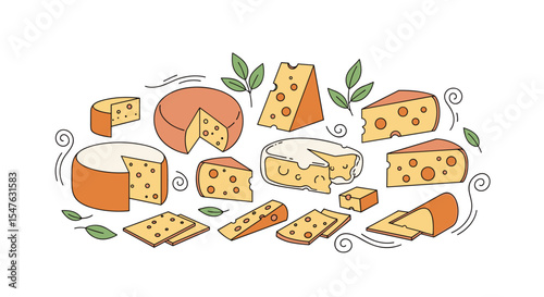 Vector illustration of different types of cheese and greenery isolated on white