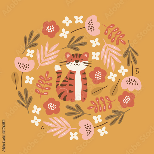 Jungle greeting card with tiger, flowers, palm leaves on yellow background. Circle ornament. Perfect for seasonal holidays, summer decorations. Vector child illustration