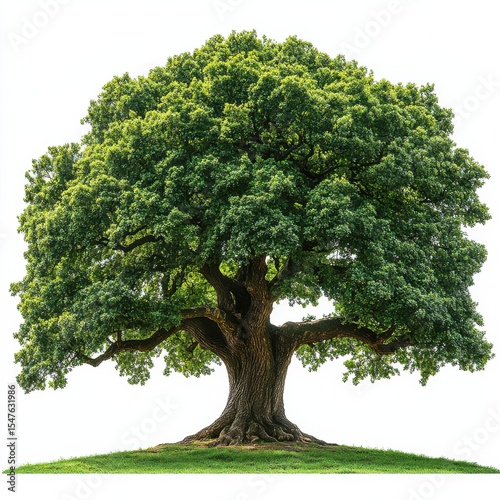 Large Green Tree with Thick Trunk and Broad Leaves Against Sky