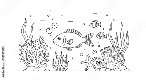Underwater world vector illustration with fish seaweed corals and stones coloring page