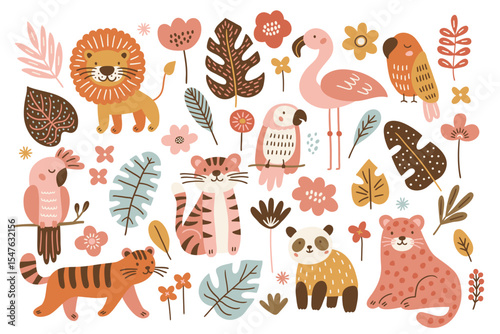 Jungle set -  lion, tiger, parrot, leopard, panda, tropical leaves and flowers on white background. Perfect for summer greeting cards, child decorations. Vector hand drawn illustration