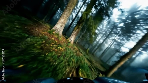POV journey through misty forest, high-speed movement among pine trees at sunrise – adventure, exploration, freedom
