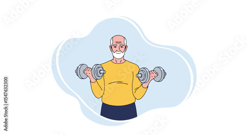 Illustration of an elderly man exercising with dumbbells for staying healthy and strong