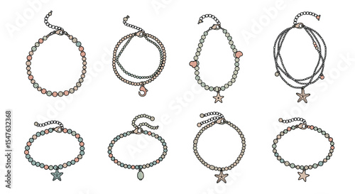 Set of different illustrations of fashionable anklets with unique charms elements