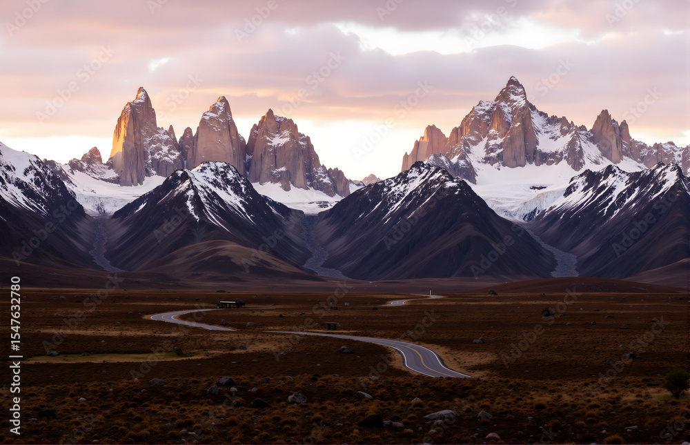 Fototapeta premium Scenery of Snow Mountains, Grassland and Winding Road