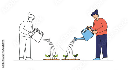 Gardening process vector illustration woman watering plants. Cultivating and nurturing for growth