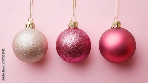 Festive pink christmas ornaments with glitter and matte finishes hanging against a soft backdrop