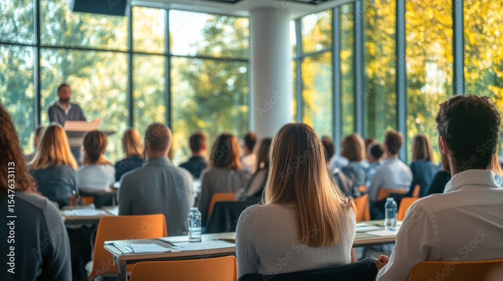 Obraz premium Engaging Conference Setting with Attentive Audience in Background