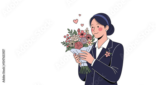 Vector art: woman receiving a bouquet of flowers on valentine's day celebration