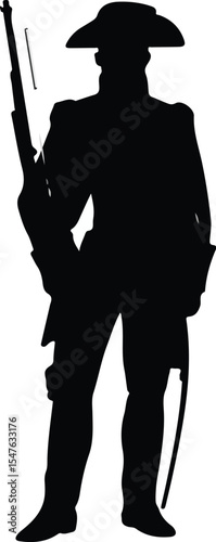 Silhouette of a revolutionary war soldier standing with a rifle and a sword in black and white