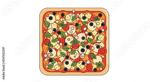 Top view vector illustration of italian pizza with vegetables olives tomatoes cheese