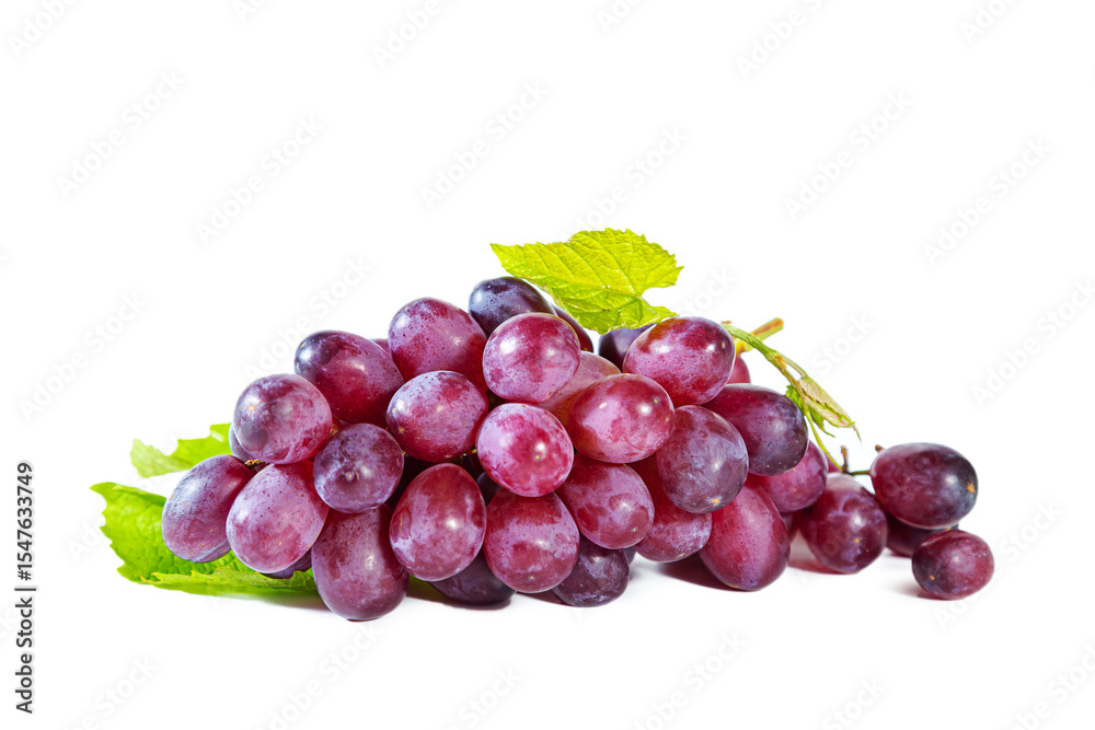 Fototapeta premium Bunch of purple juicy grapes with leaf isolated on white background.