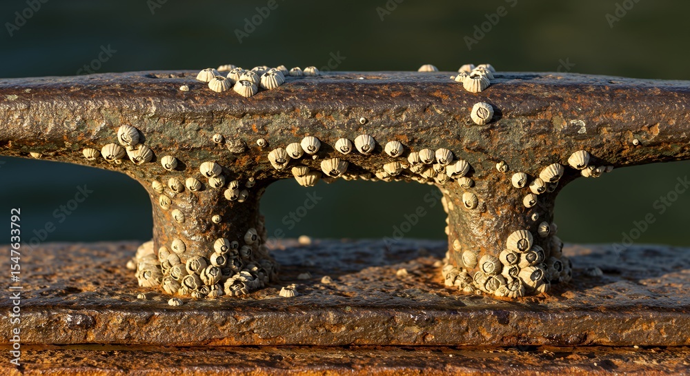 Fototapeta premium Barnacles Encrusting a Rusty Metal Cleat in Coastal Setting