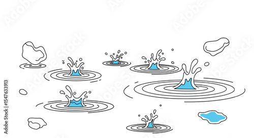 Splashes water drops in puddles on floor vector illustration background design concept
