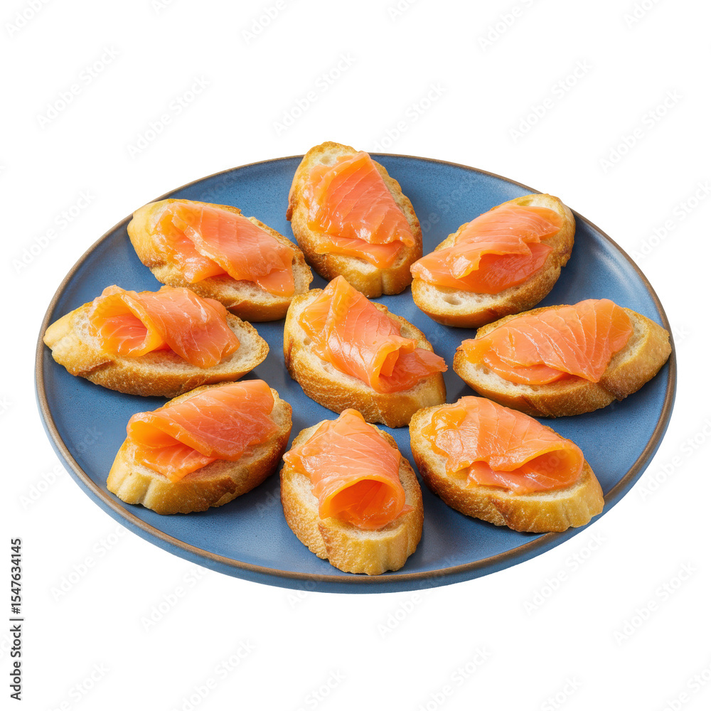A vibrant plate of smoked salmon crostini garnished with fresh herbs, ready to serve A vibrant plate of smoked salmon crostini garnished with fresh herbs, ready to serve