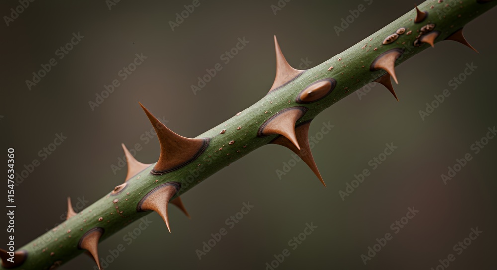 Close-up of a Rose Stem with Sharp Thorns, Detailed Texture and Color Close-up of a Rose Stem with Sharp Thorns, Detailed Texture and Color